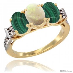 10K Yellow Gold Natural Opal & Malachite Sides Ring 3-Stone Oval 7x5 mm Diamond Accent