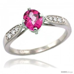 14k White Gold Natural Pink Topaz Ring 7x5 Oval Shape Diamond Accent, 5/16inch wide