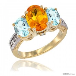 14K Yellow Gold Ladies 3-Stone Oval Natural Citrine Ring with Aquamarine Sides Diamond Accent