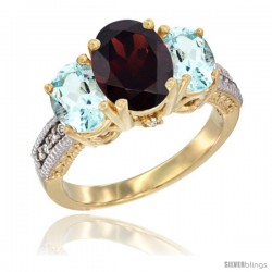 14K Yellow Gold Ladies 3-Stone Oval Natural Garnet Ring with Aquamarine Sides Diamond Accent