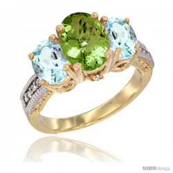 14K Yellow Gold Ladies 3-Stone Oval Natural Peridot Ring with Aquamarine Sides Diamond Accent