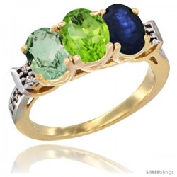 10K Yellow Gold Natural Green Amethyst, Peridot & Blue Sapphire Ring 3-Stone Oval 7x5 mm Diamond Accent