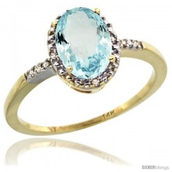 14k Yellow Gold Diamond Aquamarine Ring 1.17 ct Oval Stone 8x6 mm, 3/8 in wide