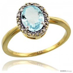 14k Yellow Gold Diamond Halo Aquamarine Ring 1.2 ct Oval Stone 8x6 mm, 1/2 in wide