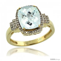 14k Yellow Gold Diamond Halo Aquamarine Ring 2.4 ct Cushion Cut 9x7 mm, 1/2 in wide