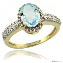 14k Yellow Gold Diamond Halo Aquamarine Ring 1.2 ct Oval Stone 8x6 mm, 3/8 in wide