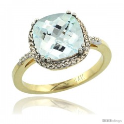 14k Yellow Gold Diamond Aquamarine Ring 3.05 ct Cushion Cut 9x9 mm, 1/2 in wide