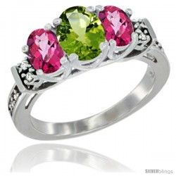 14K White Gold Natural Peridot & Pink Topaz Ring 3-Stone Oval with Diamond Accent