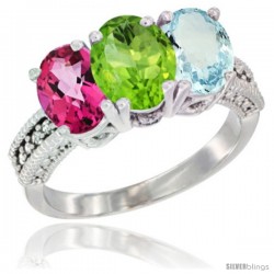 14K White Gold Natural Pink Topaz, Peridot & Aquamarine Ring 3-Stone 7x5 mm Oval Diamond Accent