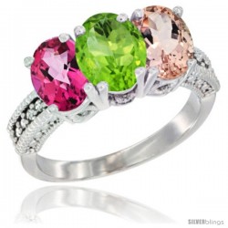 14K White Gold Natural Pink Topaz, Peridot & Morganite Ring 3-Stone 7x5 mm Oval Diamond Accent