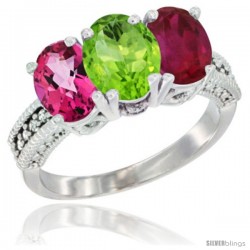 14K White Gold Natural Pink Topaz, Peridot & Ruby Ring 3-Stone 7x5 mm Oval Diamond Accent