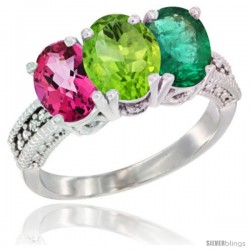 14K White Gold Natural Pink Topaz, Peridot & Emerald Ring 3-Stone 7x5 mm Oval Diamond Accent