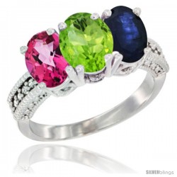 14K White Gold Natural Pink Topaz, Peridot & Blue Sapphire Ring 3-Stone 7x5 mm Oval Diamond Accent