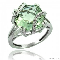 10k White Gold Diamond Green Amethyst Ring 7.5 ct Cushion Cut 12 mm Stone, 1/2 in wide