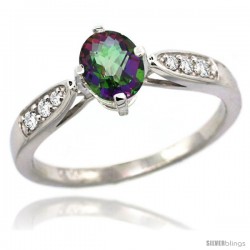 14k White Gold Natural Mystic Topaz Ring 7x5 Oval Shape Diamond Accent, 5/16inch wide