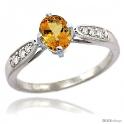 14k White Gold Natural Citrine Ring 7x5 Oval Shape Diamond Accent, 5/16inch wide