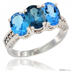 10K White Gold Natural London Blue Topaz & Swiss Blue Topaz Sides Ring 3-Stone Oval 7x5 mm Diamond Accent