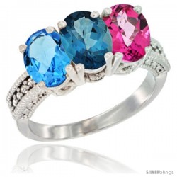 10K White Gold Natural Swiss Blue Topaz, London Blue Topaz & Pink Topaz Ring 3-Stone Oval 7x5 mm Diamond Accent