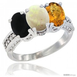 14K White Gold Natural Black Onyx, Opal & Whisky Quartz Ring 3-Stone 7x5 mm Oval Diamond Accent