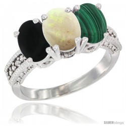 14K White Gold Natural Black Onyx, Opal & Malachite Ring 3-Stone 7x5 mm Oval Diamond Accent