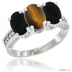 14K White Gold Natural Tiger Eye & Black Onyx Sides Ring 3-Stone 7x5 mm Oval Diamond Accent