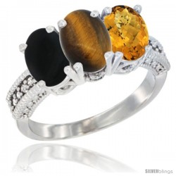 14K White Gold Natural Black Onyx, Tiger Eye & Whisky Quartz Ring 3-Stone 7x5 mm Oval Diamond Accent