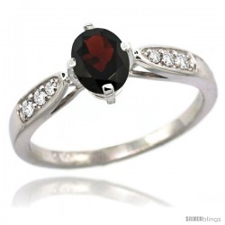 14k White Gold Natural Garnet Ring 7x5 Oval Shape Diamond Accent, 5/16inch wide