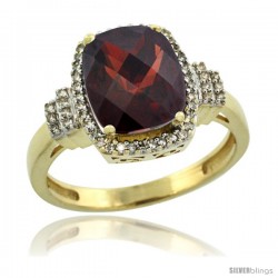 10k Yellow Gold Diamond Halo Garnet Ring 2.4 ct Cushion Cut 9x7 mm, 1/2 in wide