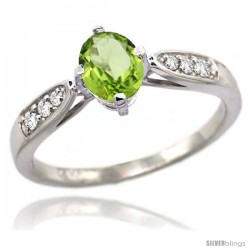 14k White Gold Natural Peridot Ring 7x5 Oval Shape Diamond Accent, 5/16inch wide