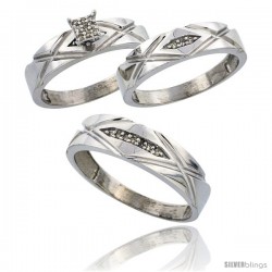 Sterling Silver Diamond Trio Wedding Ring Set His 6mm & Hers 5mm Rhodium finish