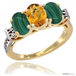 10K Yellow Gold Natural Whisky Quartz & Malachite Sides Ring 3-Stone Oval 7x5 mm Diamond Accent