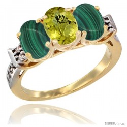 10K Yellow Gold Natural Lemon Quartz & Malachite Sides Ring 3-Stone Oval 7x5 mm Diamond Accent