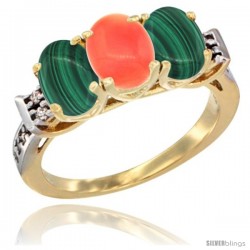 10K Yellow Gold Natural Coral & Malachite Sides Ring 3-Stone Oval 7x5 mm Diamond Accent