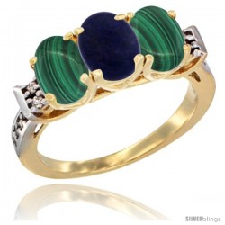 10K Yellow Gold Natural Lapis & Malachite Sides Ring 3-Stone Oval 7x5 mm Diamond Accent