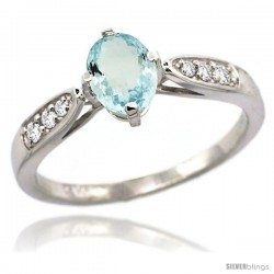 14k White Gold Natural Aquamarine Ring 7x5 Oval Shape Diamond Accent, 5/16inch wide