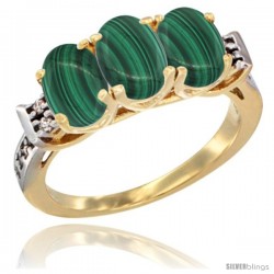 10K Yellow Gold Natural Malachite Ring 3-Stone Oval 7x5 mm Diamond Accent