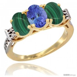 10K Yellow Gold Natural Tanzanite & Malachite Sides Ring 3-Stone Oval 7x5 mm Diamond Accent