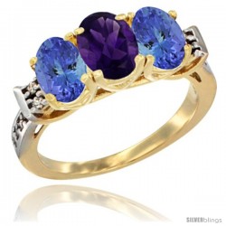 10K Yellow Gold Natural Amethyst & Tanzanite Sides Ring 3-Stone Oval 7x5 mm Diamond Accent