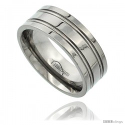 Titanium 8mm Flat Wedding Band Ring 2 Grooves Polished Finish Comfort-fit