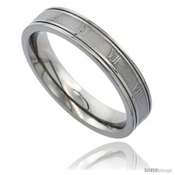 Titanium 4.5mm Flat Wedding Band Ring Roman Numerals I-XII Matte Center Grooved Edges Comfort-fit