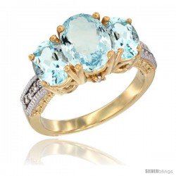 14K Yellow Gold Ladies 3-Stone Oval Natural Aquamarine Ring Diamond Accent