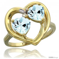 14k Yellow Gold 2-Stone Heart Ring 6mm Natural Aquamarine Stones Diamond Accent