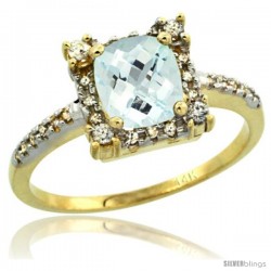 14k Yellow Gold Diamond Halo Aquamarine Ring 1.2 ct Checkerboard Cut Cushion 6 mm, 11/32 in wide