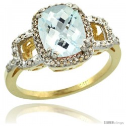 14k Yellow Gold Diamond Aquamarine Ring 2 ct Checkerboard Cut Cushion Shape 9x7 mm, 1/2 in wide