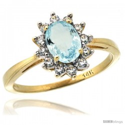 14k Yellow Gold Diamond Halo Aquamarine Ring 0.85 ct Oval Stone 7x5 mm, 1/2 in wide