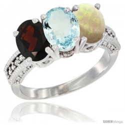 14K White Gold Natural Garnet, Aquamarine & Opal Ring 3-Stone 7x5 mm Oval Diamond Accent