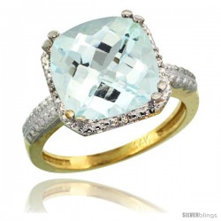 14k Yellow Gold Diamond Aquamarine Ring 5.94 ct Checkerboard Cushion 11 mm Stone 1/2 in wide