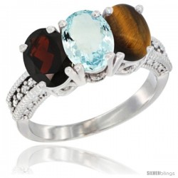 14K White Gold Natural Garnet, Aquamarine & Tiger Eye Ring 3-Stone 7x5 mm Oval Diamond Accent