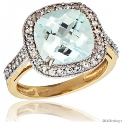 14k Yellow Gold Diamond Halo Aquamarine Ring Checkerboard Cushion 9 mm 2.4 ct 1/2 in wide