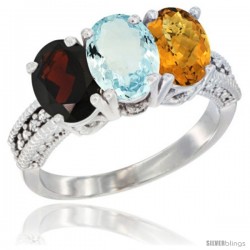 14K White Gold Natural Garnet, Aquamarine & Whisky Quartz Ring 3-Stone 7x5 mm Oval Diamond Accent